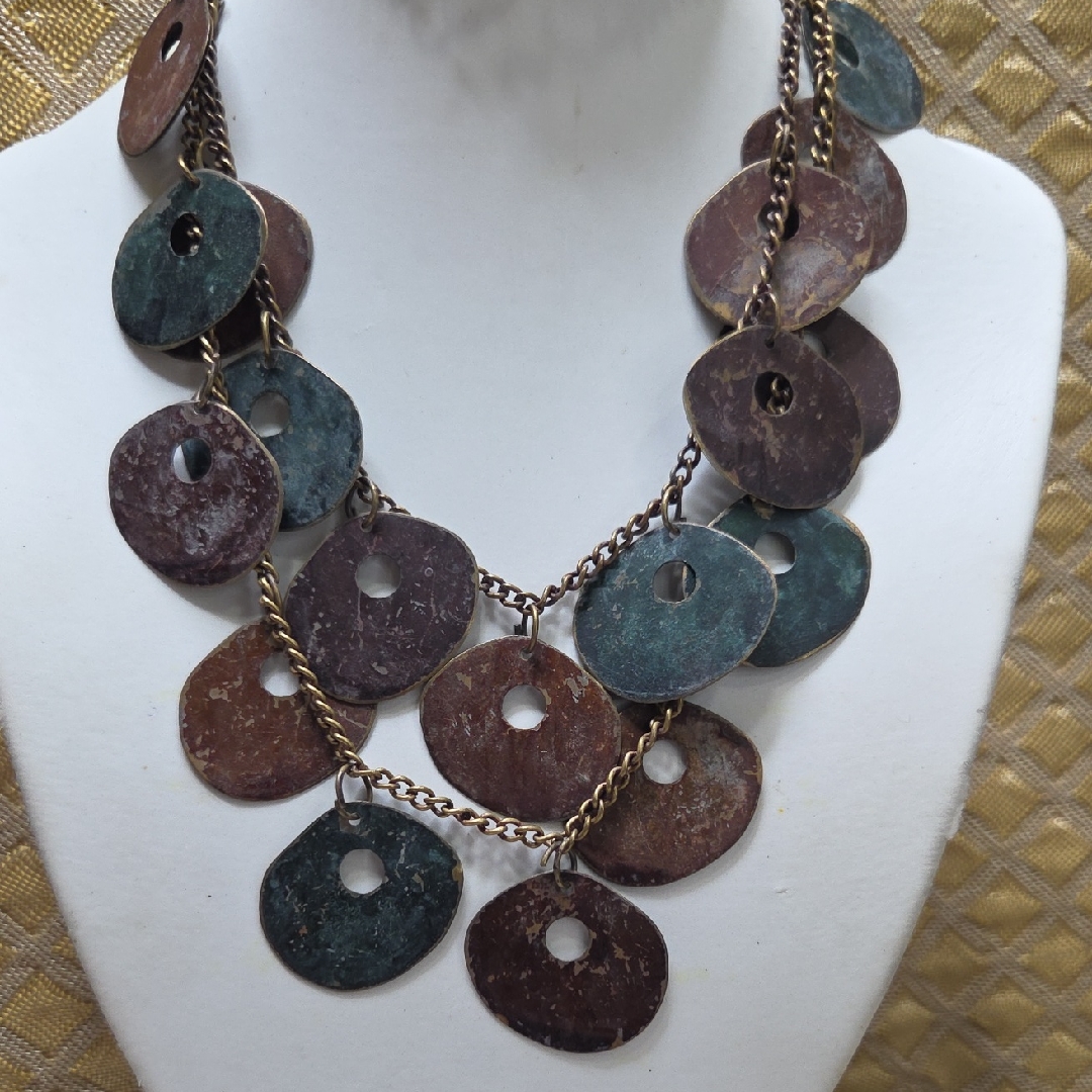 Boho Brass Vintage Statement Necklace In Brown And Teal